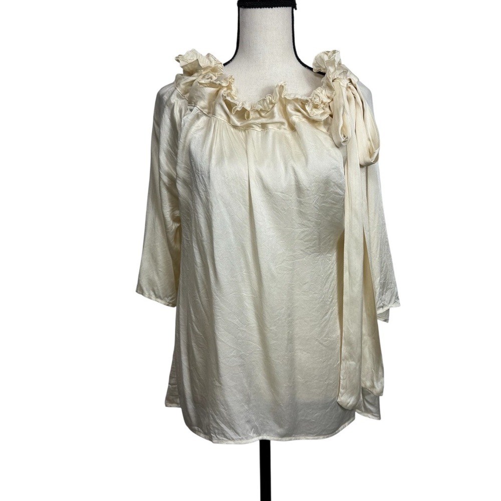 Never a Wallflower Saint & Sinner Cream Ruffled Tie Neck Silk Blouse